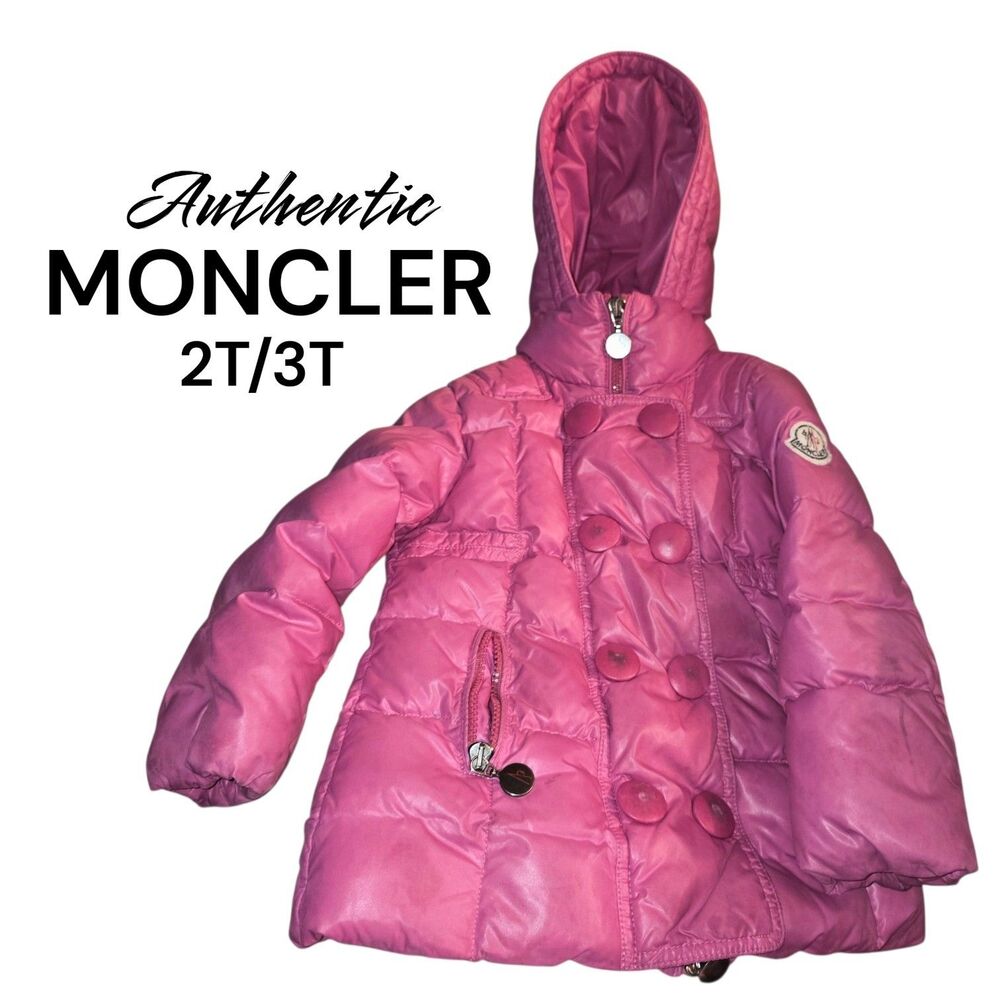 MONCLER 2T/3T Pink Zip/Snap Front Down Puffer Hooded Logo Winter Snow Ski Jacket